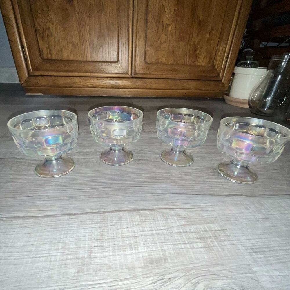 Vintage 4pc Aurora Iridescent Footed Dessert Cups Thumbprint Optic Federal Glass - Picture 6 of 9